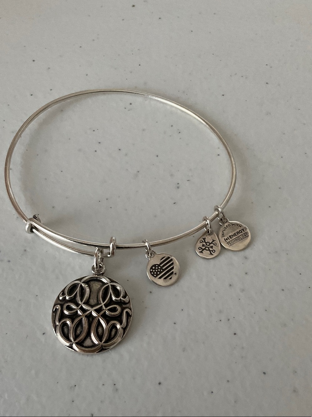 Alex and Ani Silver Filigree Charm Bangle with Heart Flag Accent